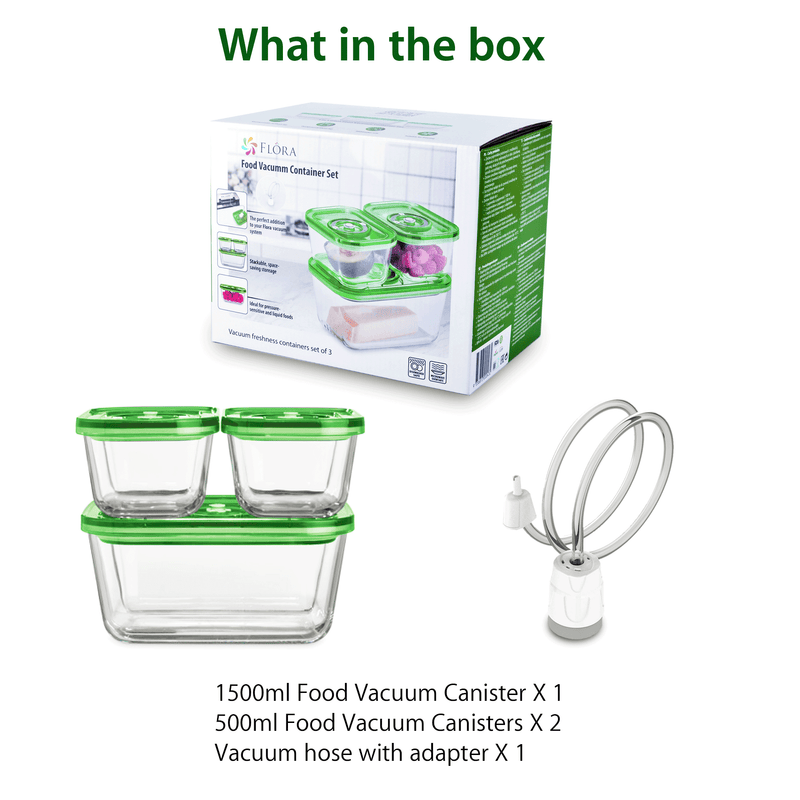 Flora Glass Food Vacuum Canister Container 3 Units Set - BPA Free Storage Jars, Dishwasher and Microwave Safe, Freezer Friendly, 2mm Thick Glass - AU Stock