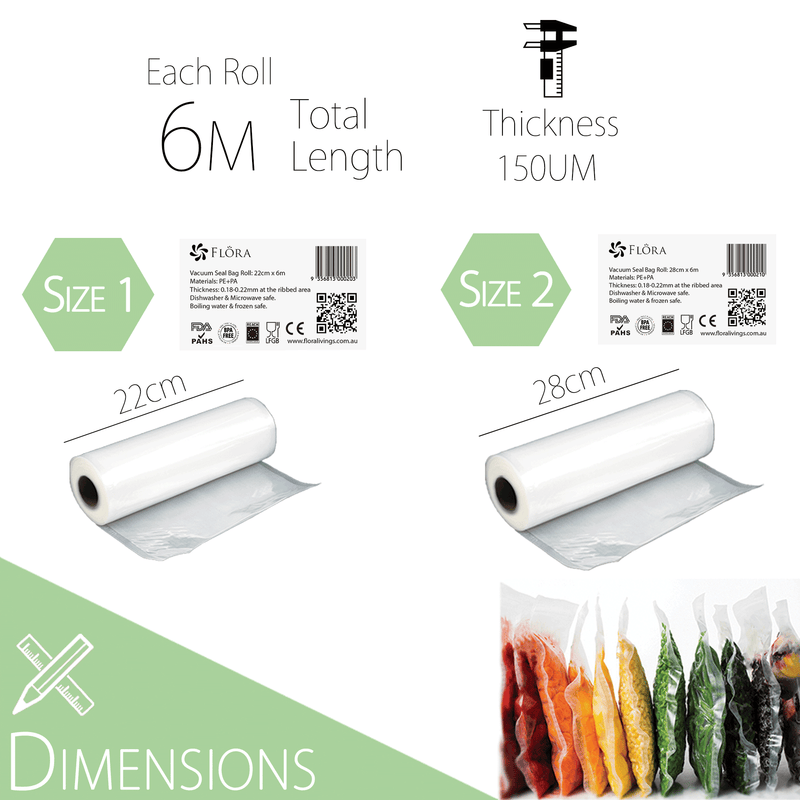 Flora Food Vacuum Sealer Bag Roll Storage Saver Seal rolls 6M 22cm or 28cm.