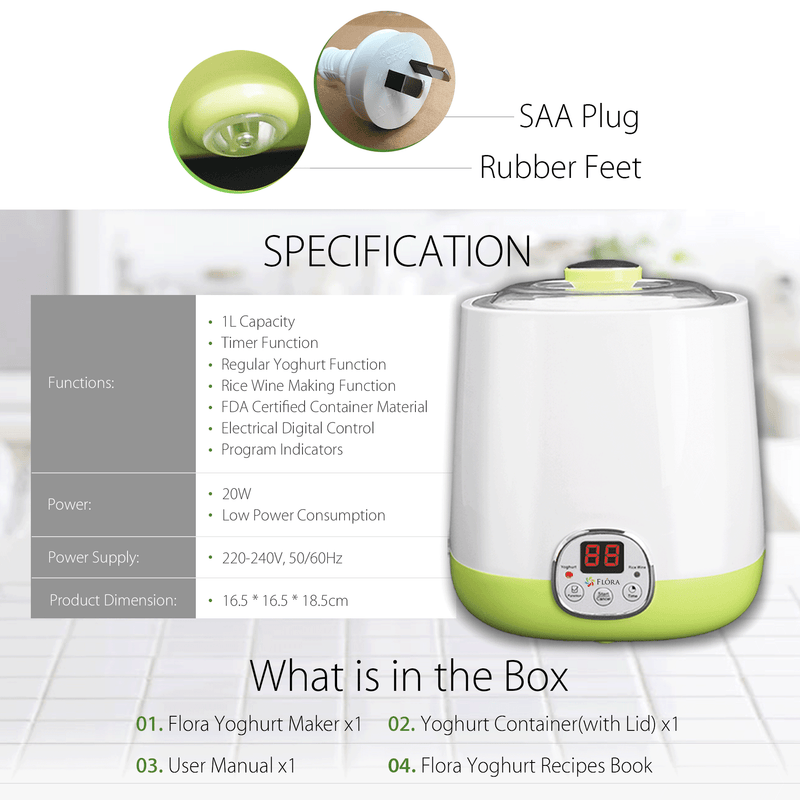 Flora Yoghurt Machine-Yogurt Maker with 1L Capacity Jar-Electric Automatic-FDA Food Grade Jar-Rice Wine DIY-Home Made Yoghurt Strainer- Fermented Curd Maker-AU Local Seller Brand-FL-YME-110