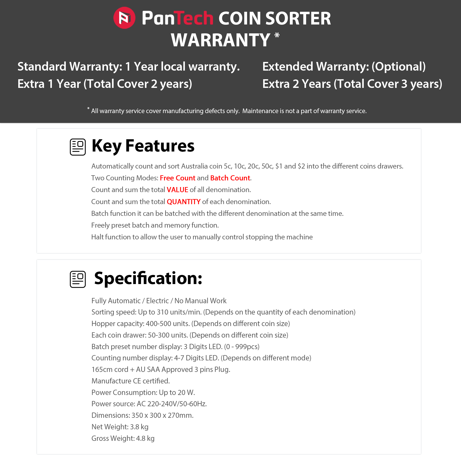 PanTech Australian Coin Sorter Coin Counter Machine Automatic Electronic PT-CSA-BLACK