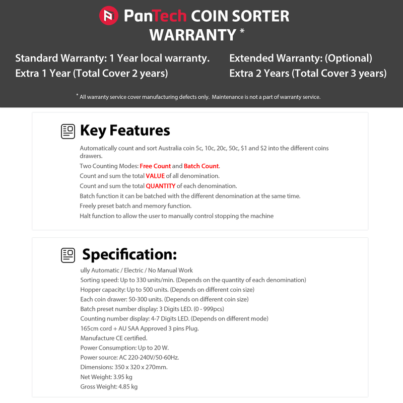 PanTech Australian Coin Sorter Coin Counter Machine Automatic Electronic PT-CSB-WHITE