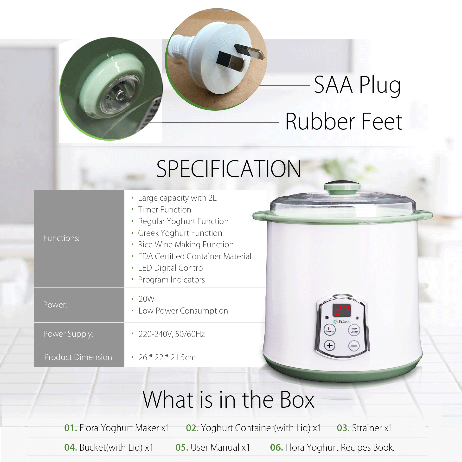 Flora Yoghurt Machine-Yogurt Maker Machine with 2L Capacity Jar-Electric Automatic- -Home Made Yoghurt Strainer-Fermented Curd Maker-Kitchen Tool for Rice Wine DIY Food Grade-FL-YME-120