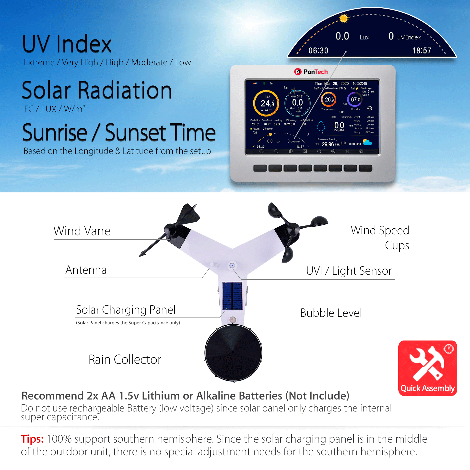 PanTech Wifi Weather Station Wireless Australia-Gen 5 IoT- TFT LCD Wireless Professional PT-HP2550-AU STOCK